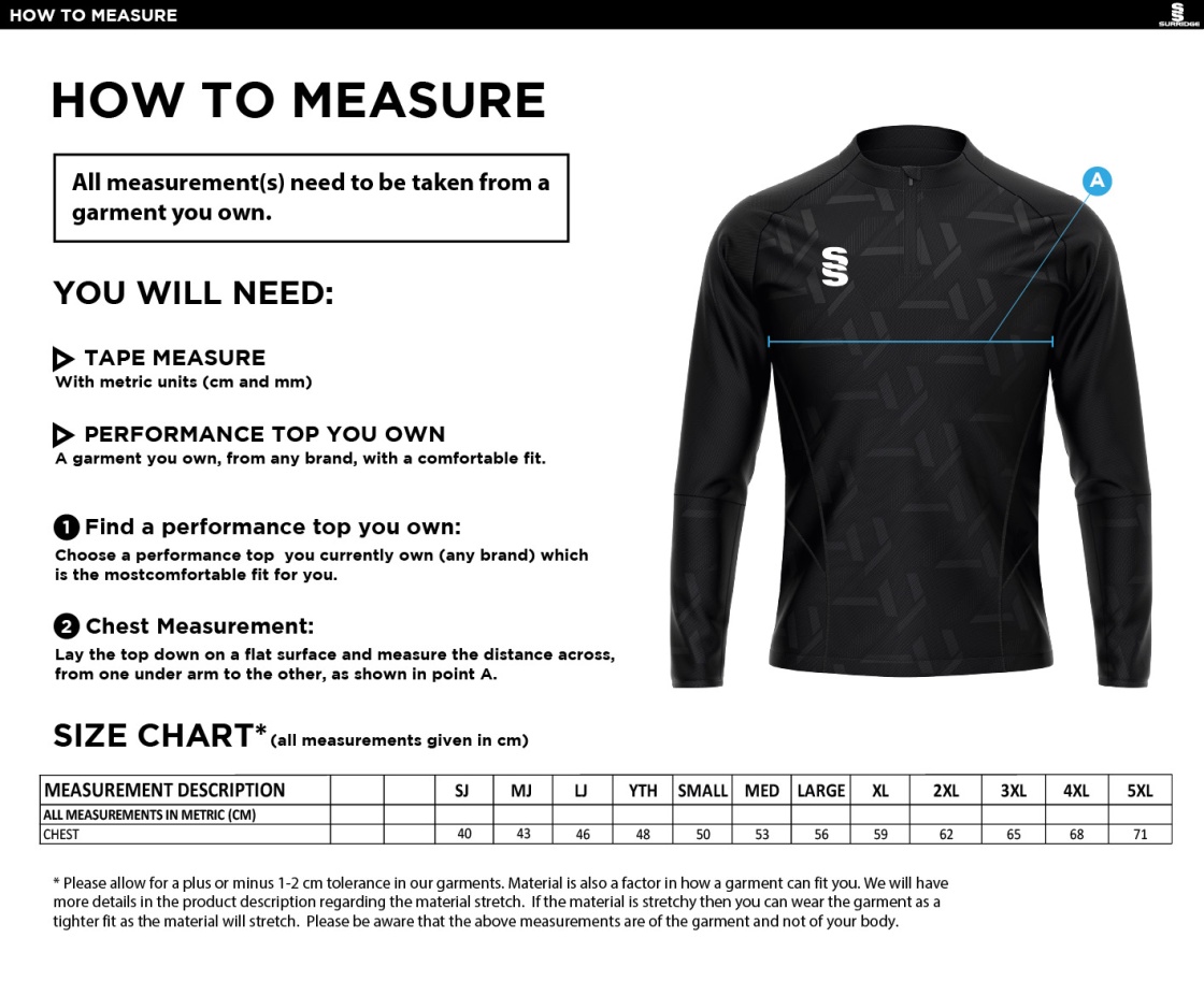 Yateley United FC Impact 1/4 Zip Performance Top - Size Guide