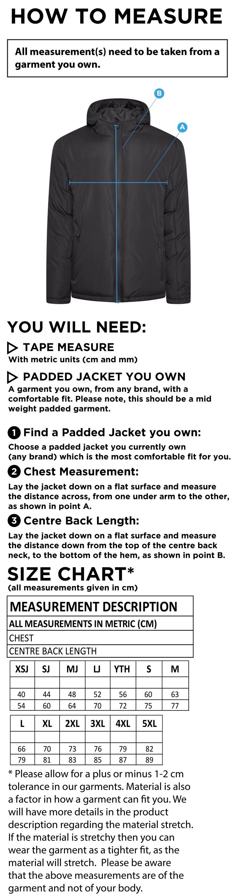 Yateley United FC Active Padded Jacket - Black - Size Guide