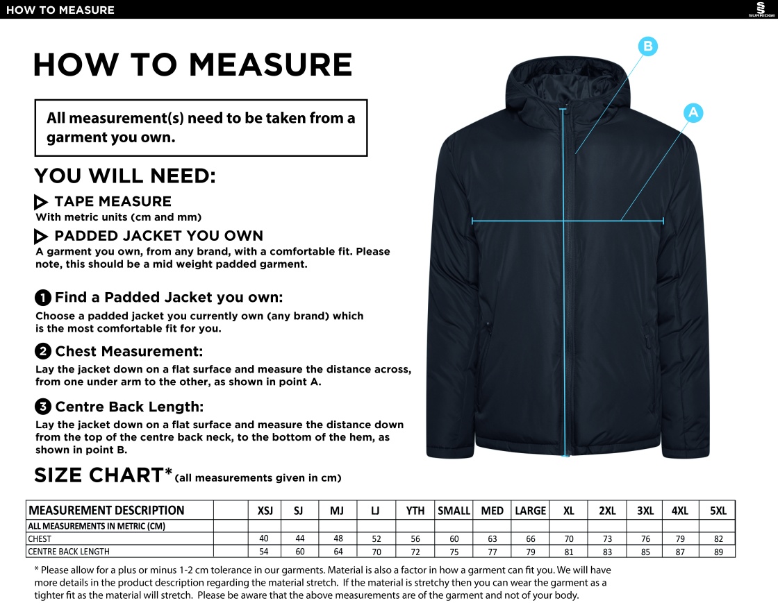 Yateley United FC Active Padded Jacket - Black - Size Guide