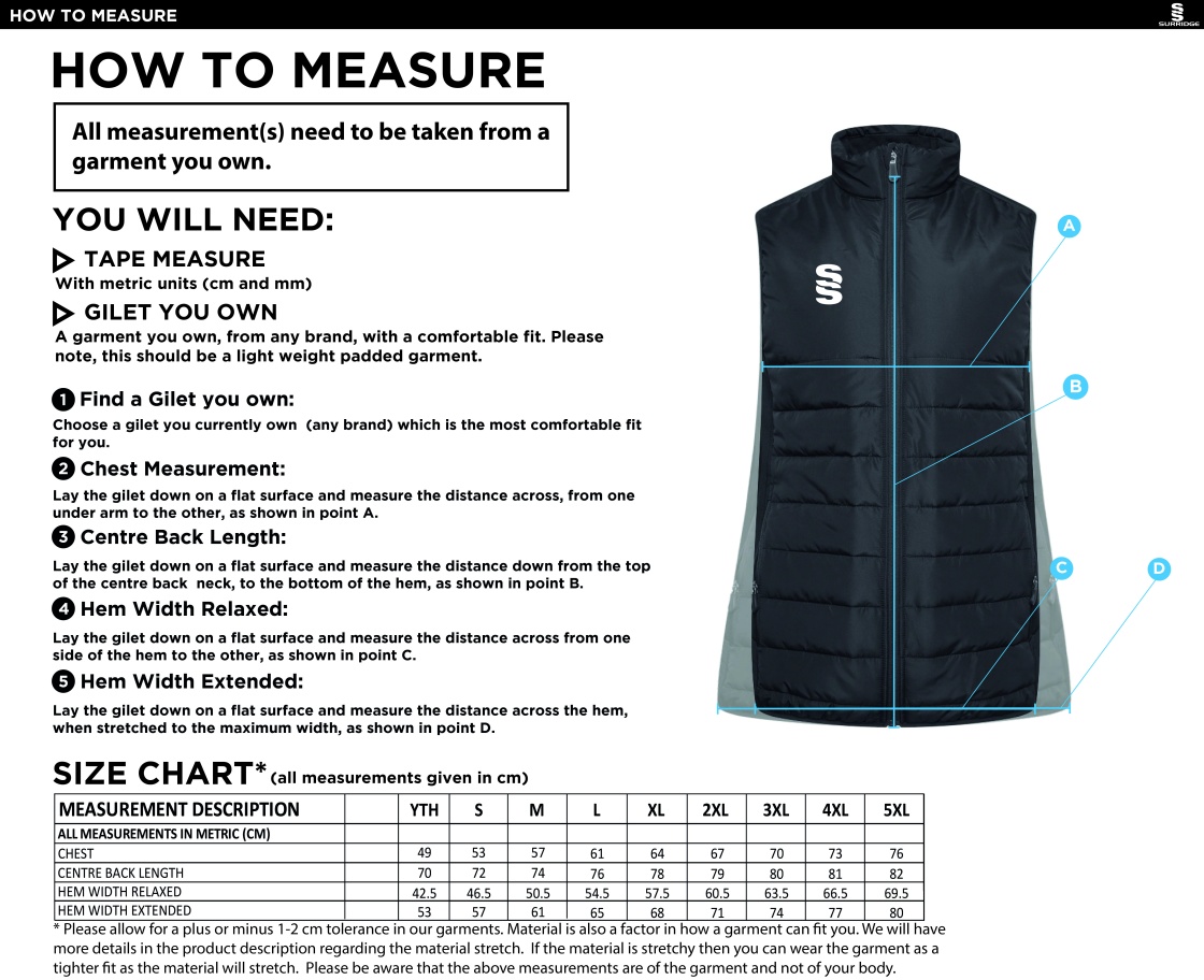 Yateley United FC ACTIVE GILET - BLACK - Size Guide